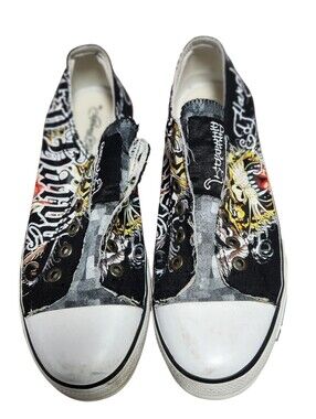 Ed Hardy Black Low-Top Graphic Canvas Sneakers with Multicolor Tattoo Art